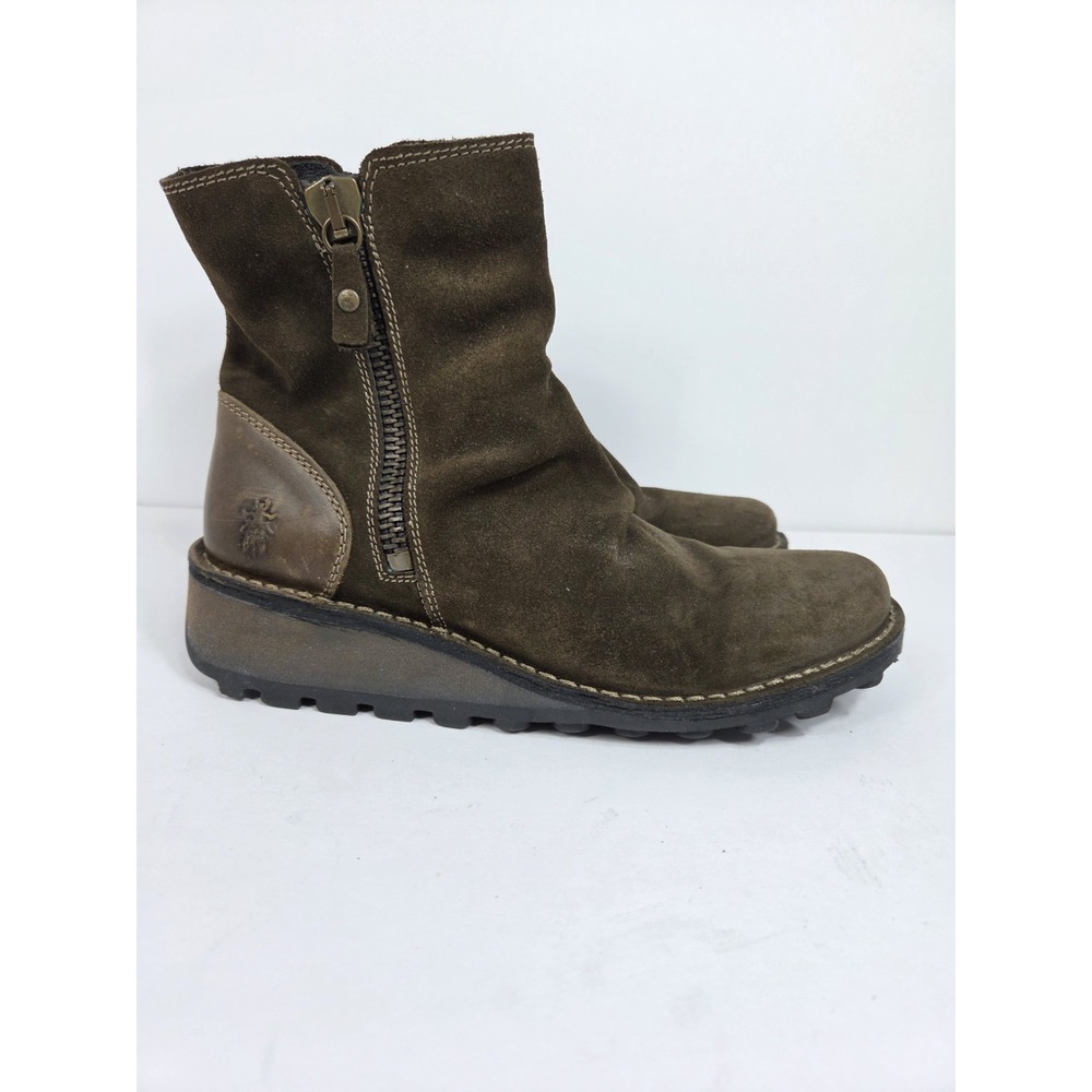 FLY LONDON MONG 008 Low Wedge Ankle Boots Diesel Suede Womens Sz 38 US 7